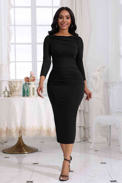 Ruched Boat Neck Midi Dress