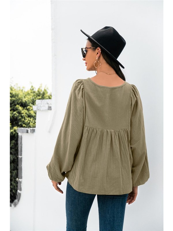 Button Up Balloon Sleeve Blouse Tops LoveAdora