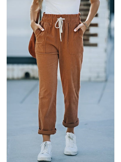 Drawstring Waist Corduroy Pants with Pockets Pants LoveAdora