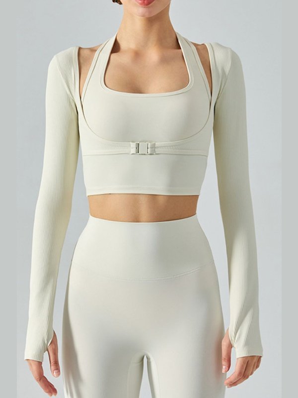 Ribbed Faux Layered Halter Neck Cropped Sports Top Activewear LoveAdora