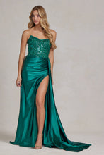 Load image into Gallery viewer, Satin Skirt Side Slit Embroidered Bodice Strapless Long Evening Dress NXE1174-5