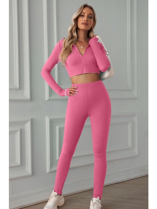 Zip Up Cropped Top and Leggings Yoga Set Activewear LoveAdora