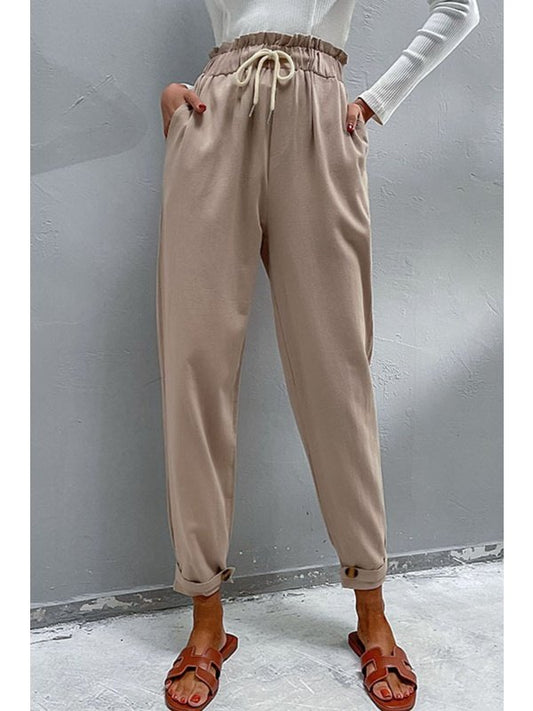 Drawstring Paperbag Waist Button Detail Pants Pants LoveAdora