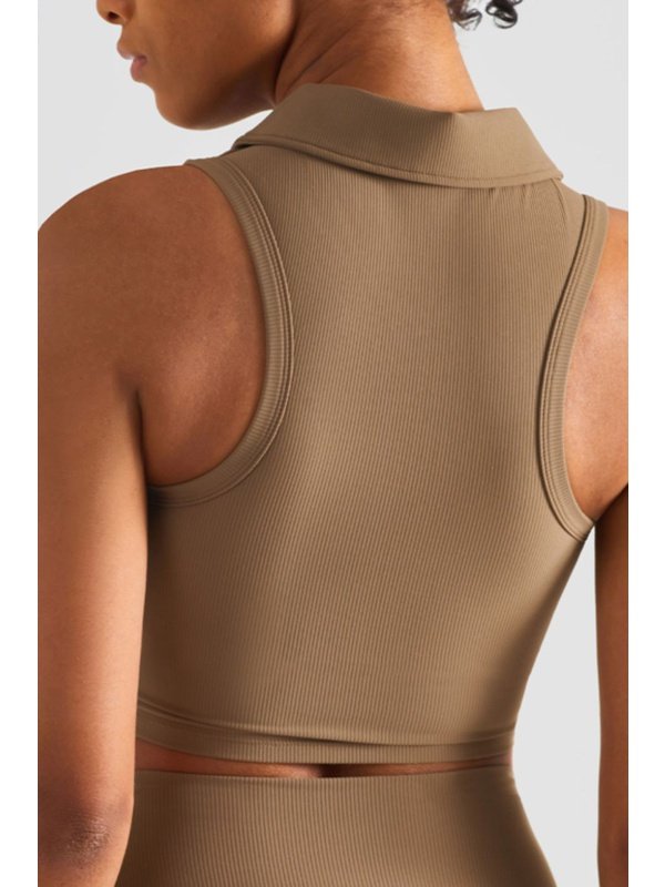 Zip Up Collared Cropped Sports Top Activewear LoveAdora