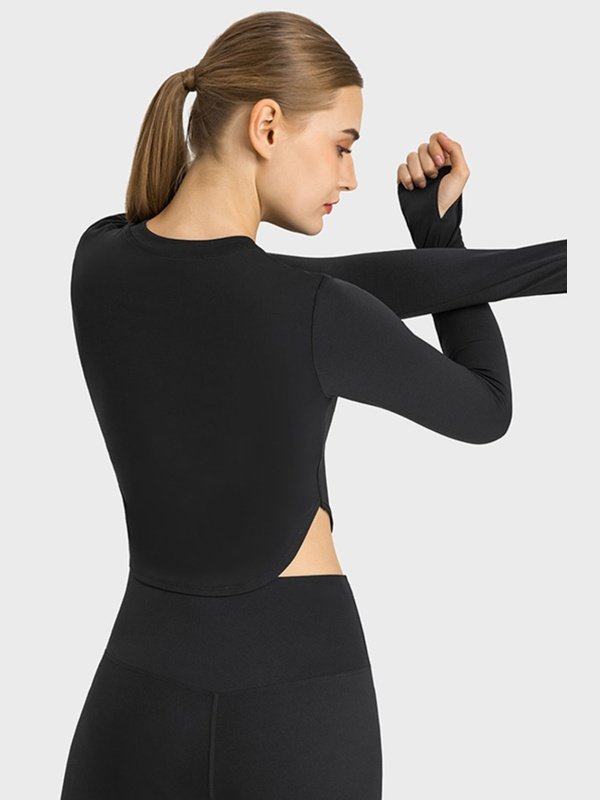 Side Slit Long Sleeve Round Neck Crop Top Activewear LoveAdora