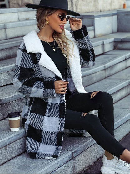 Plaid Lapel Collar Brushed Coat Jackets & Coats LoveAdora