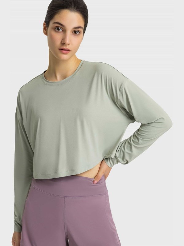 Dropped Shoulder Round Neck Cropped Sports Top Activewear LoveAdora