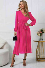 Load image into Gallery viewer, V-Neck Long Sleeve Tie Waist Midi Dress