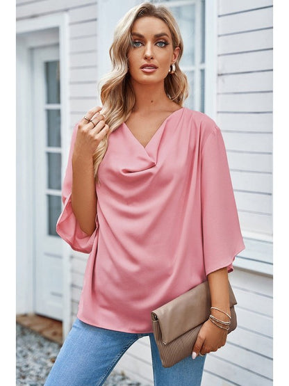 Short Sleeve Draped Blouse Tops LoveAdora