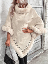 Load image into Gallery viewer, Faux Fur Trim Cable-Knit Poncho Ponchos LoveAdora