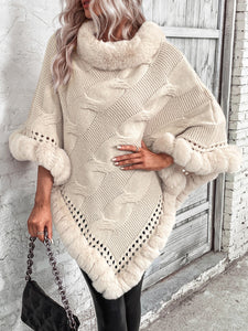 Faux Fur Trim Cable-Knit Poncho Ponchos LoveAdora