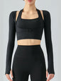 Ribbed Faux Layered Halter Neck Cropped Sports Top Activewear LoveAdora