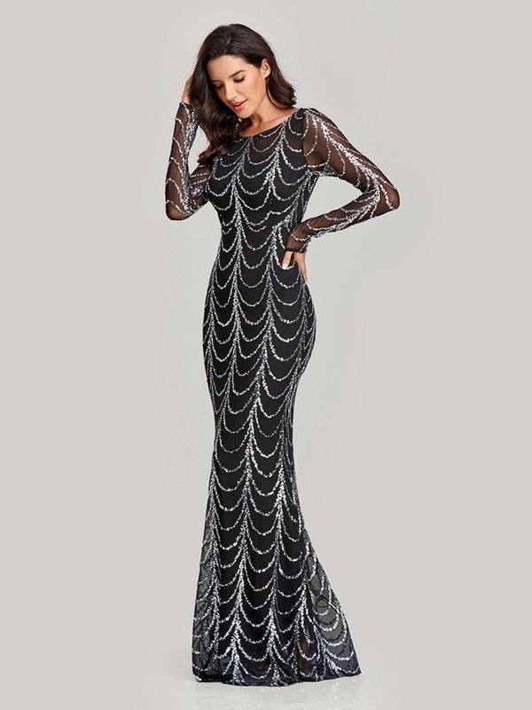 Sequin Round Neck Long Sleeve Fishtail Dress