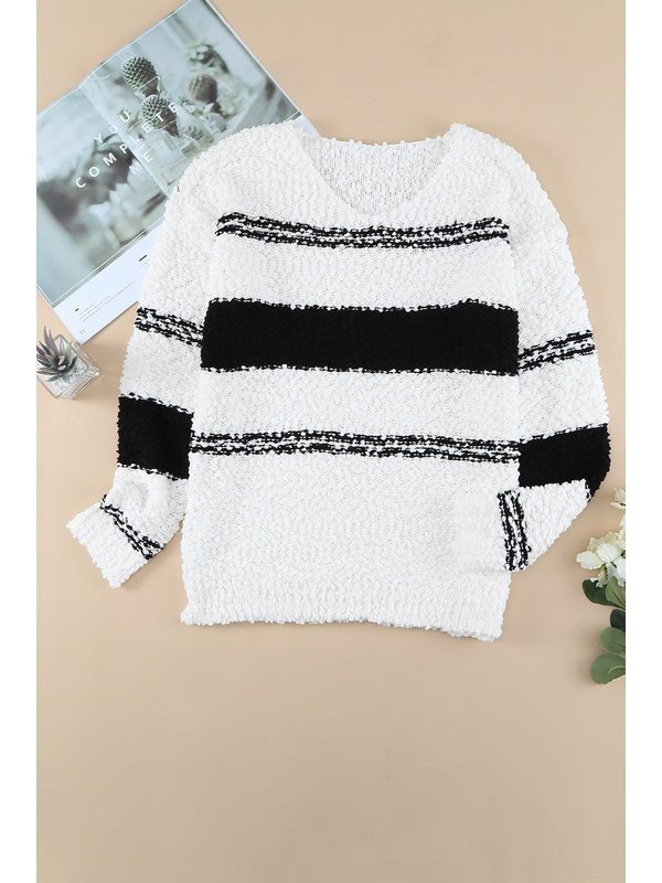 Striped V-Neck Popcorn Knit Sweater Sweaters, Pullovers, Jumpers, Turtlenecks, Boleros, Shrugs LoveAdora