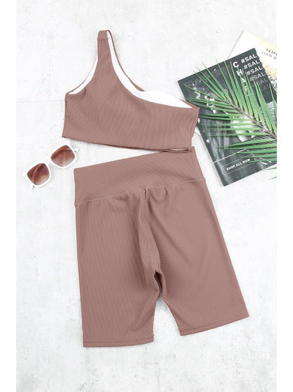 One-shoulder Sports Bra and Biker Shorts Set Activewear LoveAdora