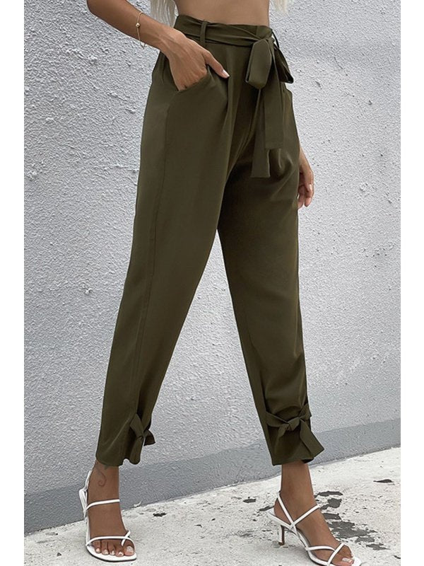 Tie Detail Belted Pants with Pockets Pants LoveAdora