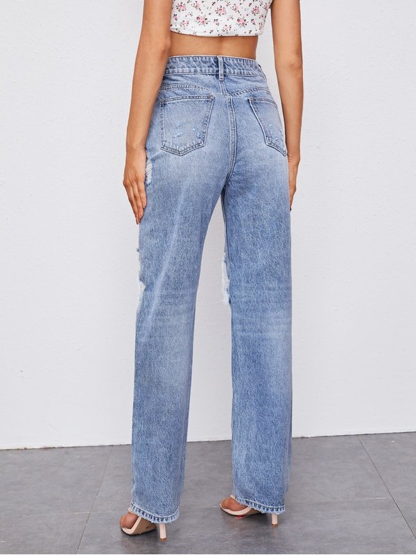 High-Waisted Distressed Straight Leg Jeans with Pockets Denim Jeans LoveAdora