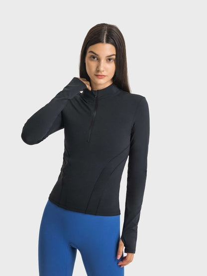 Half Zip Thumbhole Sleeve Sports Top Activewear LoveAdora