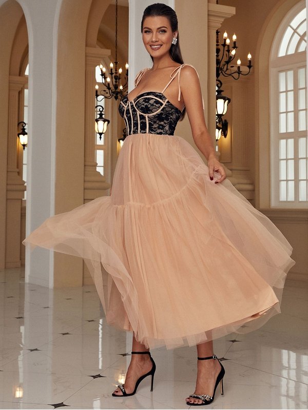 Two-Tone Tie-Shoulder Spliced Tulle Dress Evening Gown LoveAdora