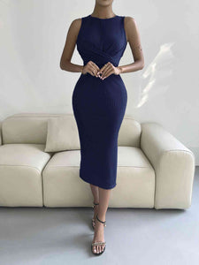 Round Neck Tie Back Slit Sleeveless Dress