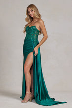 Load image into Gallery viewer, Satin Skirt Side Slit Embroidered Bodice Strapless Long Evening Dress NXE1174-6
