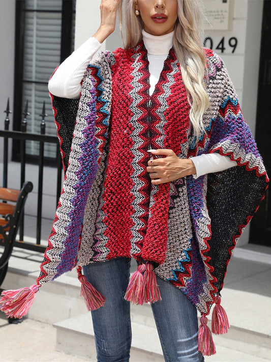 Striped Open Front Poncho with Tassels Ponchos LoveAdora