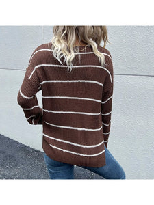 Striped V-Neck Slit Dropped Shoulder Sweater Sweaters, Pullovers, Jumpers, Turtlenecks, Boleros, Shrugs LoveAdora