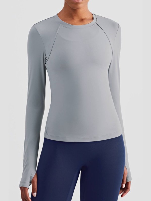 Round Neck Thumbhole Sleeve Sports Top Activewear LoveAdora