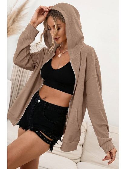 Zip Up Waffle Knit Hoodie Activewear LoveAdora