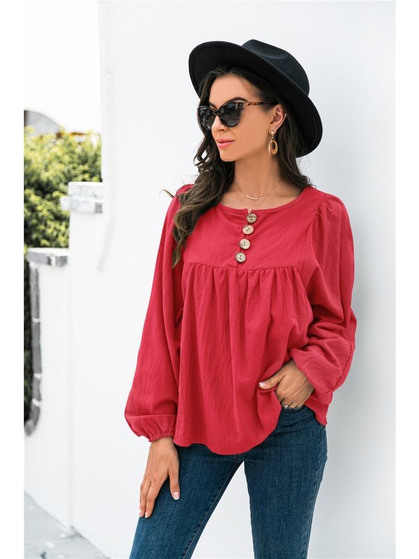 Button Up Balloon Sleeve Blouse Tops LoveAdora