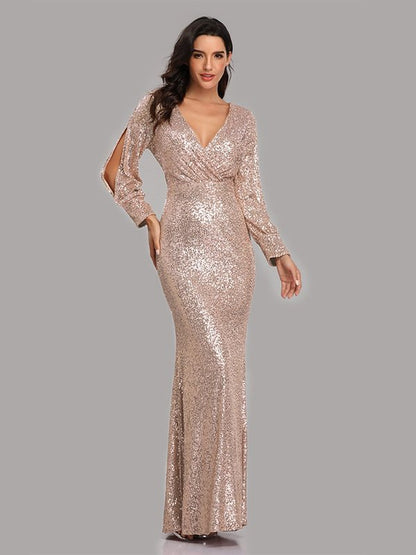 Sequin Puff Sleeve Plunge Fishtail Dress Evening Gown LoveAdora