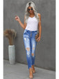 Button Front Frayed Ankle Skinny Jeans Denim Jeans LoveAdora