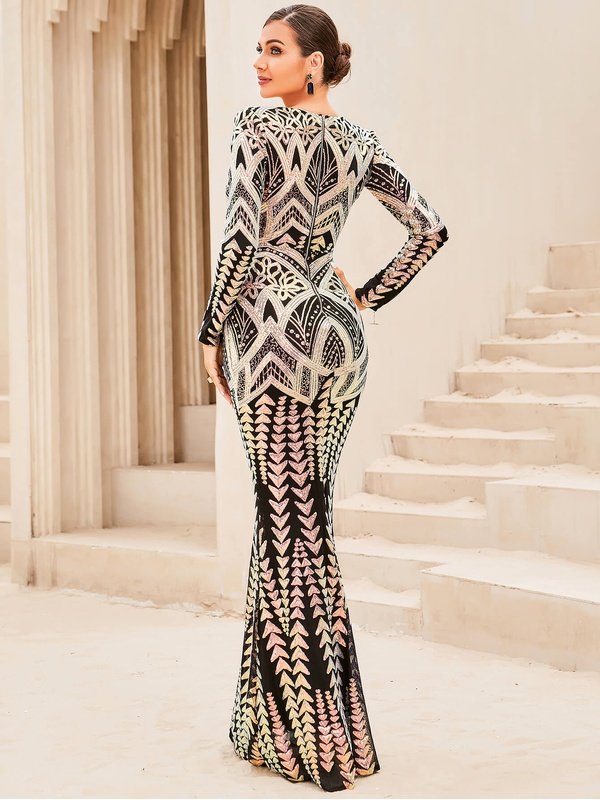 Sequin Long Sleeve Deep V Fishtail Dress Evening Gown LoveAdora