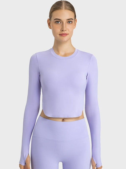 Side Slit Long Sleeve Round Neck Crop Top Activewear LoveAdora