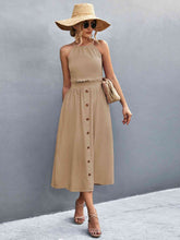 Load image into Gallery viewer, Buttoned Halter Neck Frill Trim Midi Dress