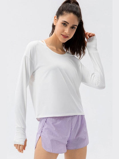 Breathable Round Neck Dropped Shoulder Top Activewear LoveAdora