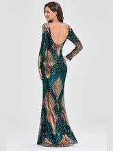 Load image into Gallery viewer, Contrast Sequin Open Back Long Sleeve Fishtail Dress Evening Gown LoveAdora