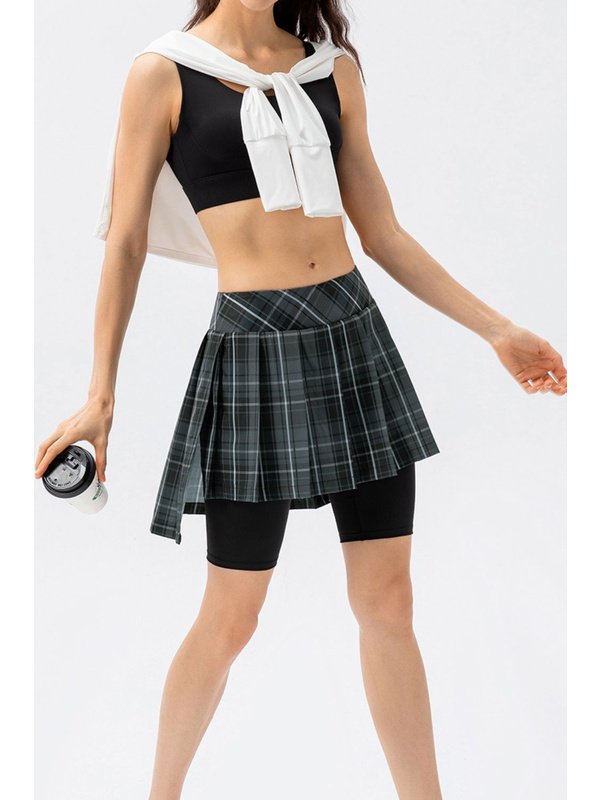 Plaid Faux Layered Sports Culottes Activewear LoveAdora