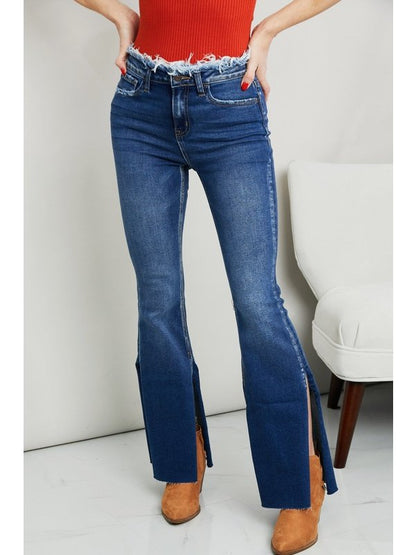 Zenana Frayed Trim Side Slit Jeans Denim Jeans LoveAdora