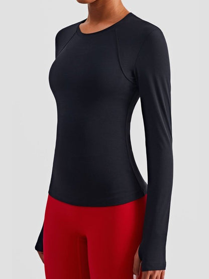 Round Neck Thumbhole Sleeve Sports Top Activewear LoveAdora