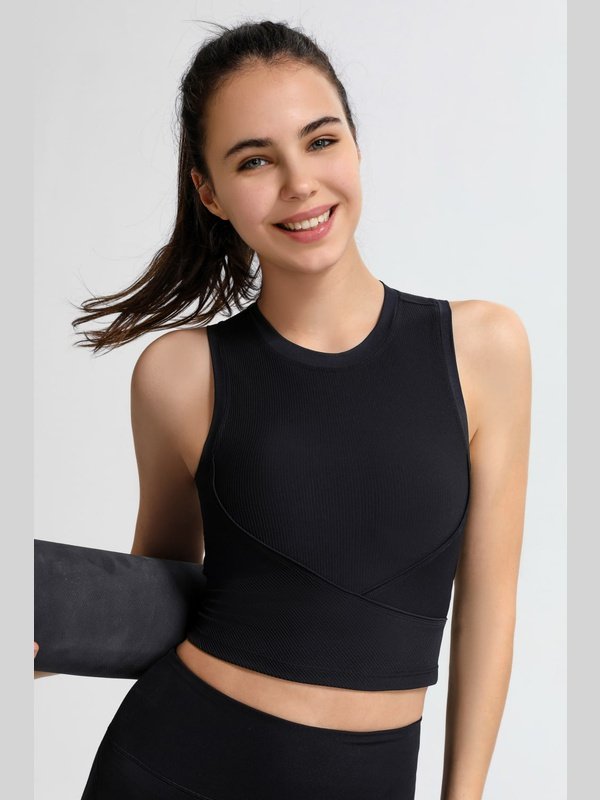 Ribbed Crisscross Round Neck Cropped Sports Tank Activewear LoveAdora