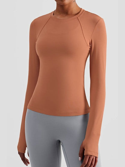 Round Neck Thumbhole Sleeve Sports Top Activewear LoveAdora