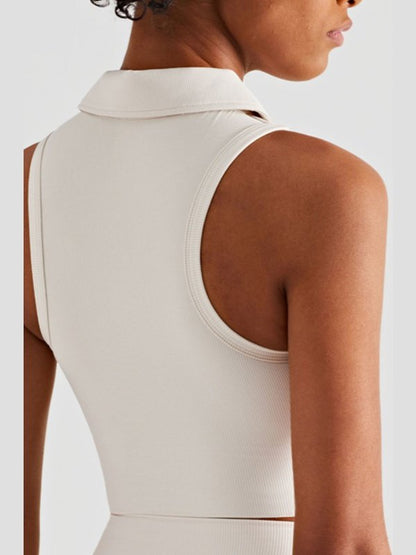 Zip Up Collared Cropped Sports Top Activewear LoveAdora