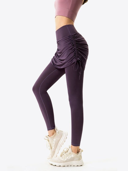 Drawstring Ruched Faux Layered Yoga Leggings Activewear LoveAdora