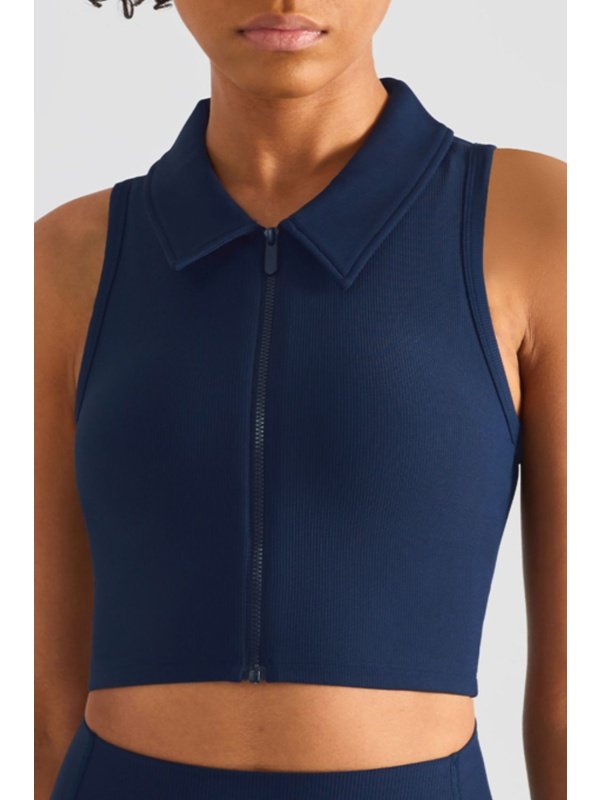 Zip Up Collared Cropped Sports Top Activewear LoveAdora