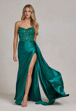 Load image into Gallery viewer, Satin Skirt Side Slit Embroidered Bodice Strapless Long Evening Dress NXE1174-7