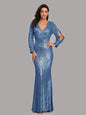 Sequin Puff Sleeve Plunge Fishtail Dress Evening Gown LoveAdora