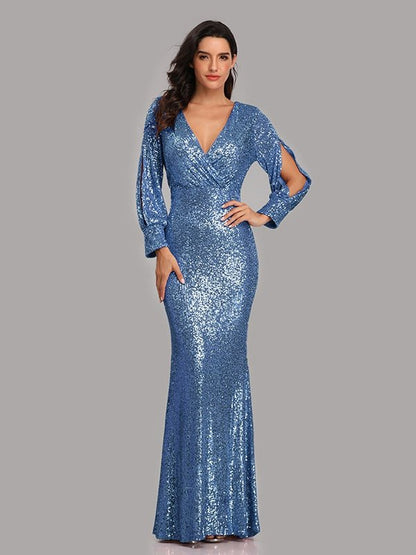 Sequin Puff Sleeve Plunge Fishtail Dress Evening Gown LoveAdora