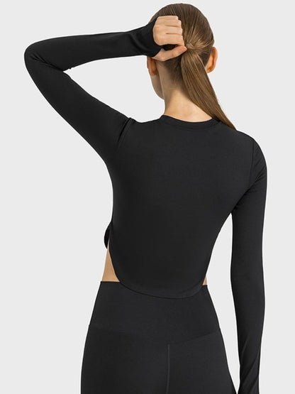 Side Slit Long Sleeve Round Neck Crop Top Activewear LoveAdora