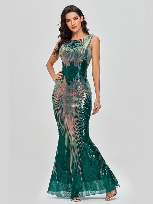 Sequin Round Neck Sleeveless Fishtail Dress Evening Gown LoveAdora